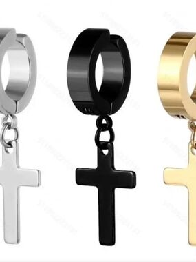 1 Pair Black AHoop Earrings with Dangling Cross Charm